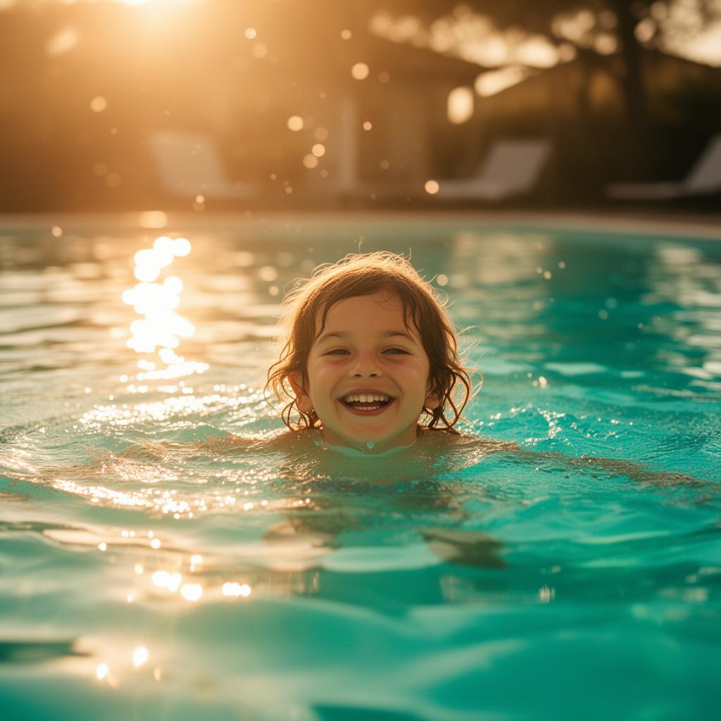 Enfant souriant dans une piscine turquoise