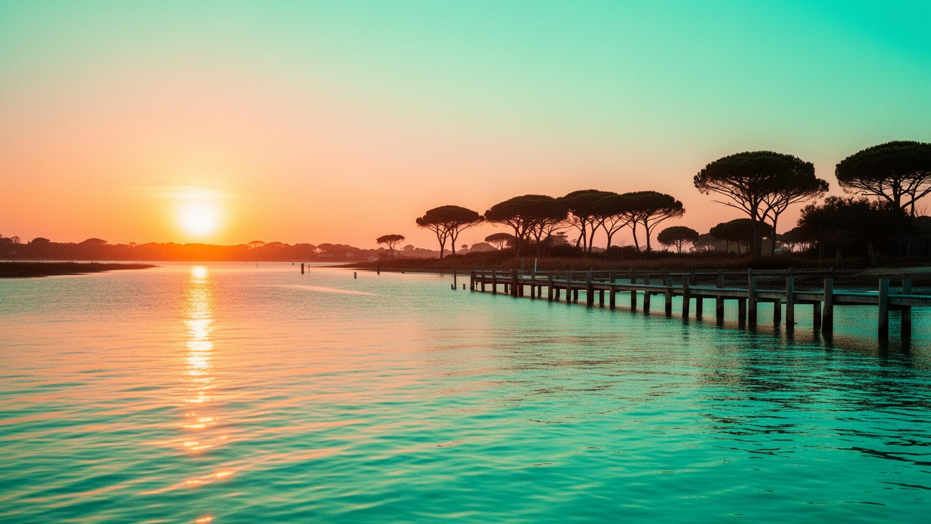 Coucher de soleil sur le Bassin d'Arcachon avec ponton et pins maritimes